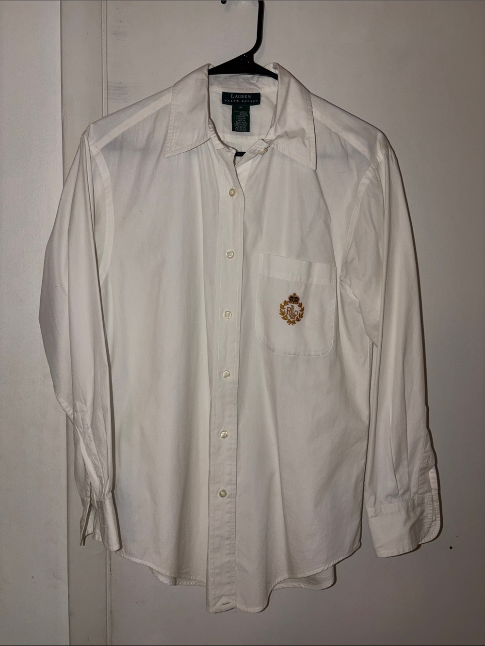 Lauren Ralph Lauren White Cotton Button Down Shirt Size 6 Gold Embroidered Crest